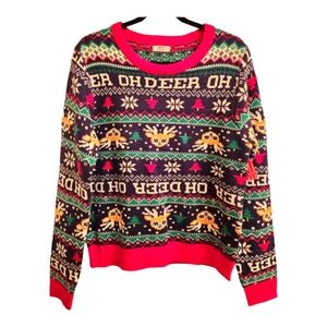 Holiday Festive Christmas Sweater "Oh Deer" Reindeer Red/Navy/Green Large